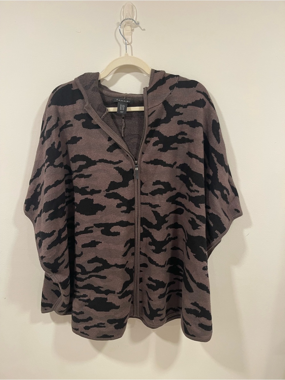 Tahari Black & Brown Camouflage Hooded Zip Poncho
